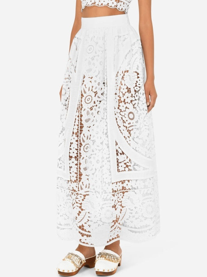 Cut-Out Embroidered Long White Linen Skirt - Skirts