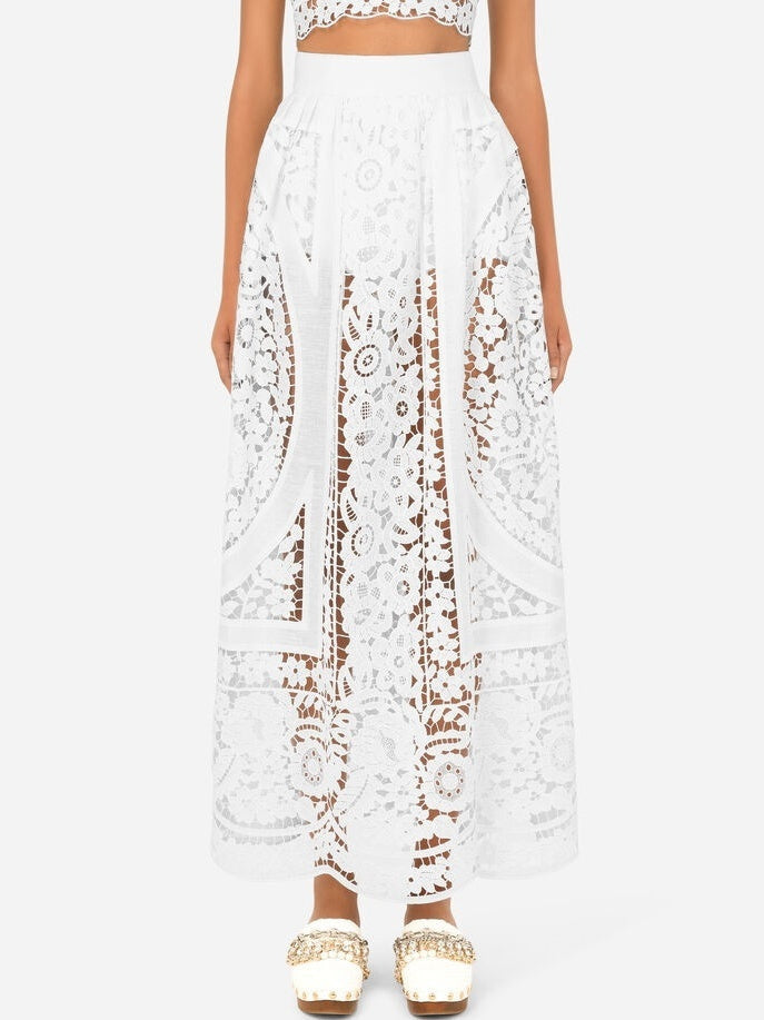 Cut-Out Embroidered Long White Linen Skirt - S - Skirts