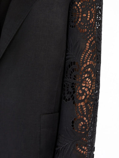 Cut-Out Embroidered-Sleeve Boxy Blazer - Jackets