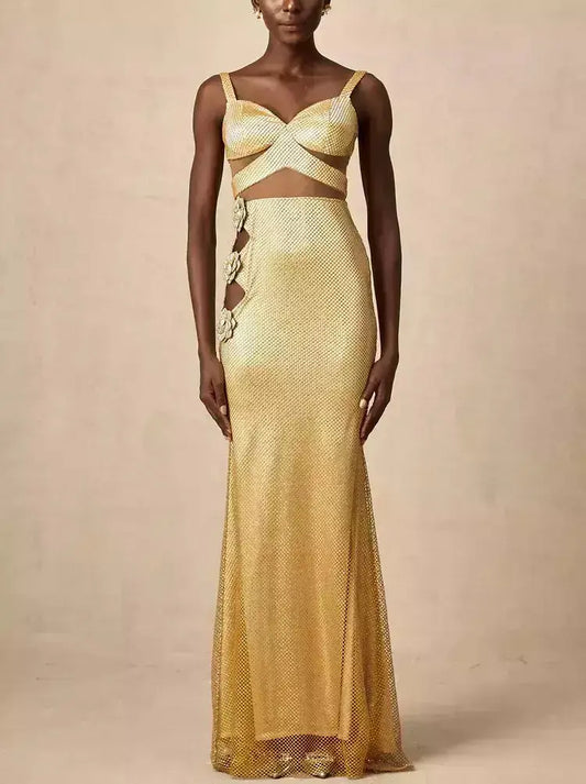 Cut-Out Gold Crystal Fishnet Floral-Appliques Maxi Dress - Dresses