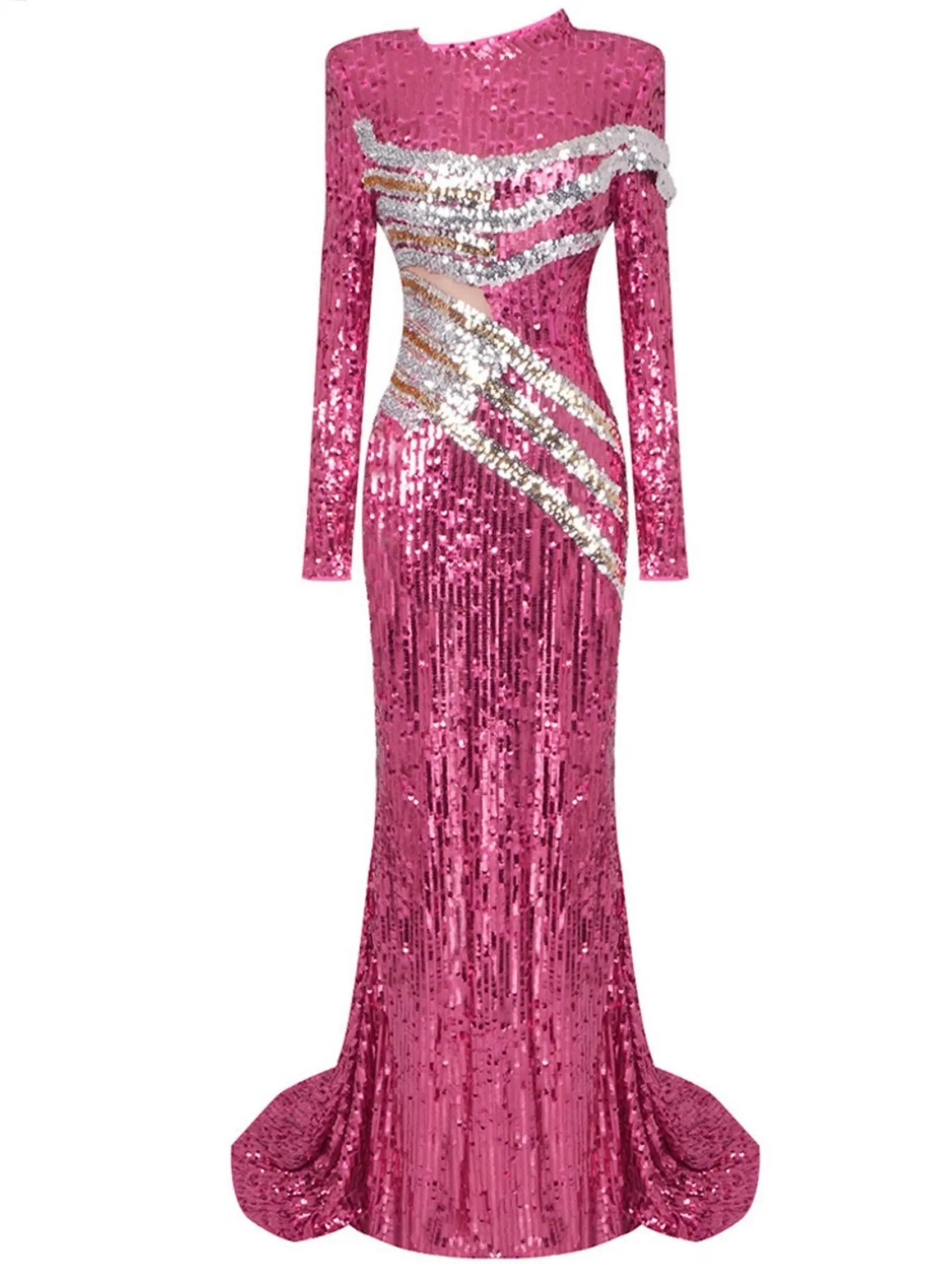 Cut-Out Hot Pink Sequin Gown with Contrasting Stripes - Dresses