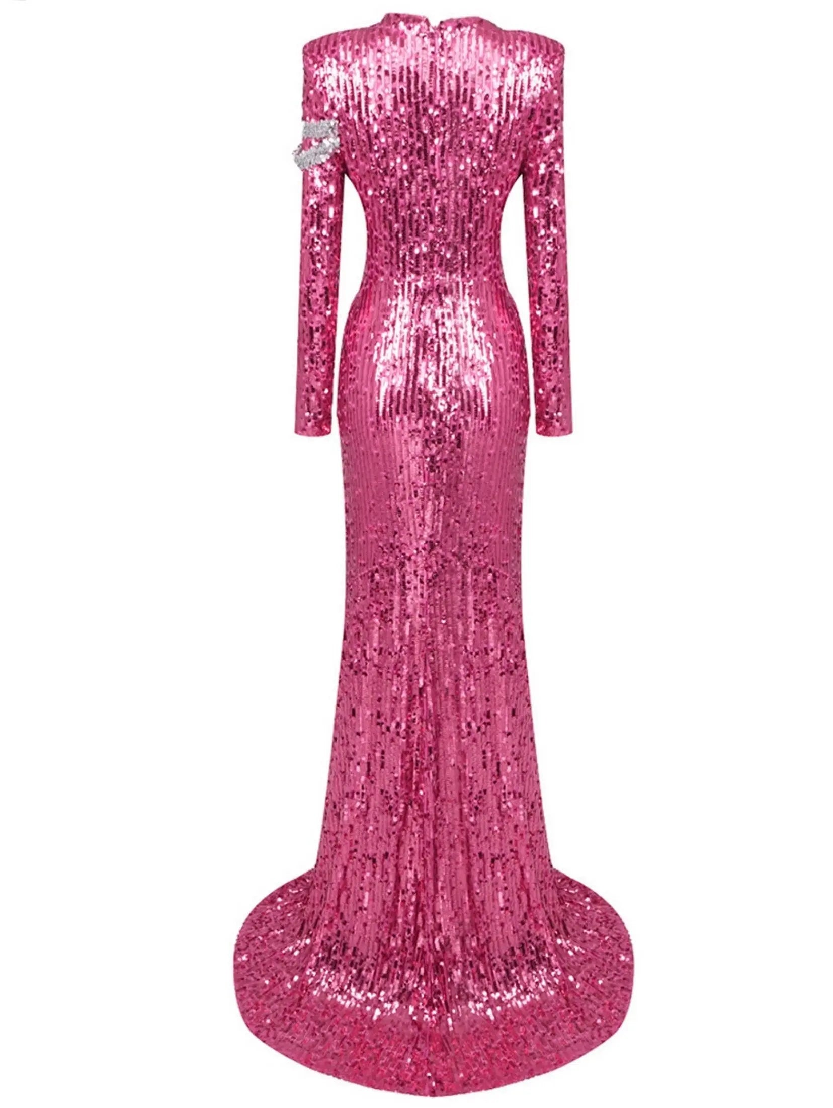 Cut-Out Hot Pink Sequin Gown with Contrasting Stripes - Dresses