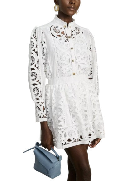 Cut-Out Lace-Embroidered Blouse and Skirt Set - Suits & Sets