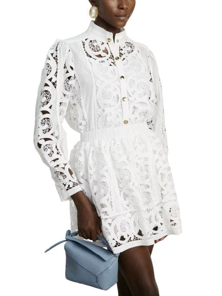 Cut-Out Lace-Embroidered Blouse and Skirt Set - Suits & Sets