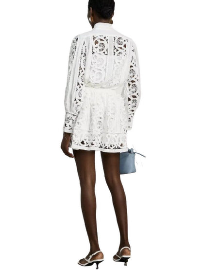 Cut-Out Lace-Embroidered Blouse and Skirt Set - Suits & Sets