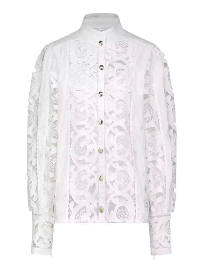 Cut-Out Lace-Embroidered Blouse and Skirt Set - Suits & Sets