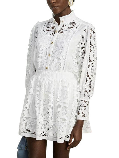 Cut-Out Lace-Embroidered Blouse and Skirt Set - Suits & Sets