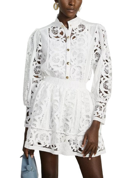 Cut-Out Lace-Embroidered Blouse and Skirt Set - Suits & Sets