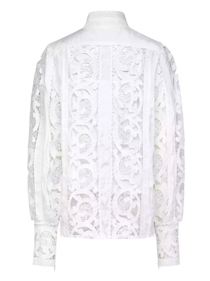 Cut-Out Lace-Embroidered Blouse and Skirt Set - Suits & Sets