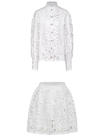 Cut-Out Lace-Embroidered Blouse and Skirt Set - Suits & Sets