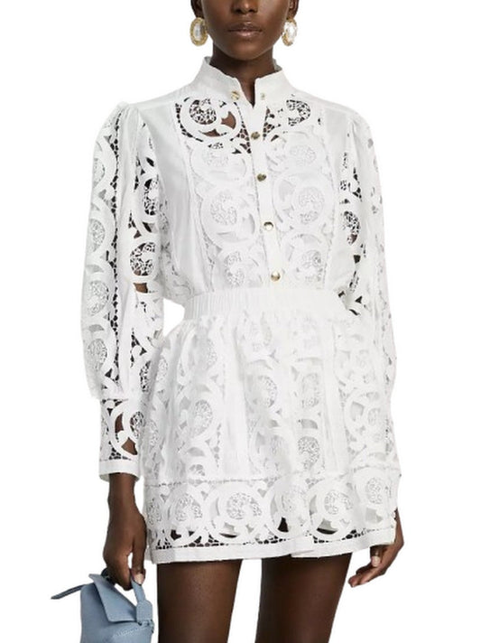 Cut-Out Lace-Embroidered Blouse and Skirt Set - Suits & Sets