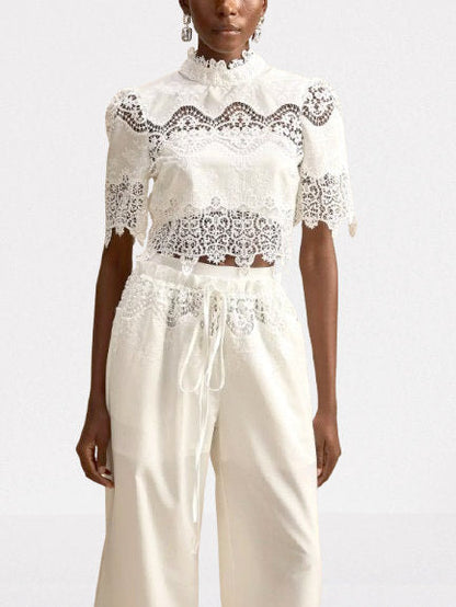 Cut-Out Lace Trim Crop Top and Pant Set - Suits & Sets