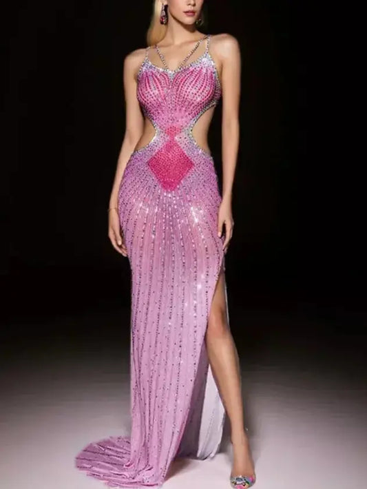 Cut-Out Rhinestone-Embellished Sleeveless Long Gown - Dresses