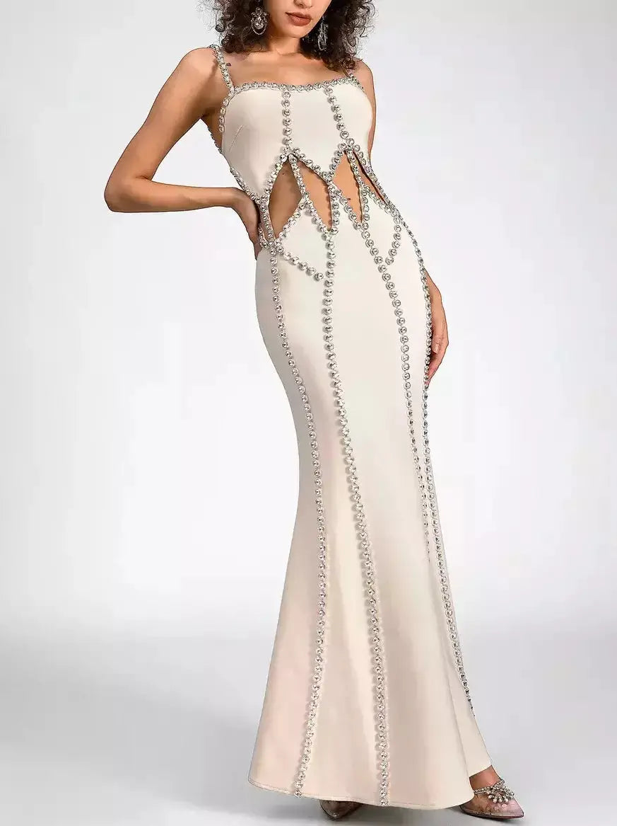 Cut-Out Rhinestone Embellished Sleeveless Maxi Dress in Cream - Dresses