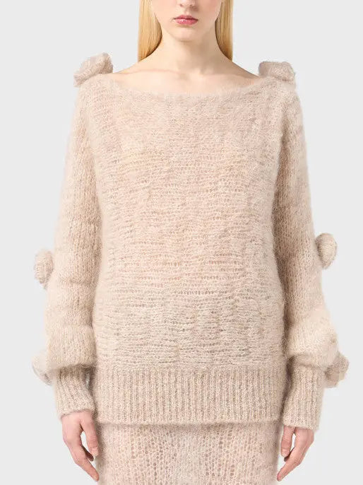 Cut-Out Rose-Applique Mohair-Blend Sweater in Beige - Sweaters & Knitwear