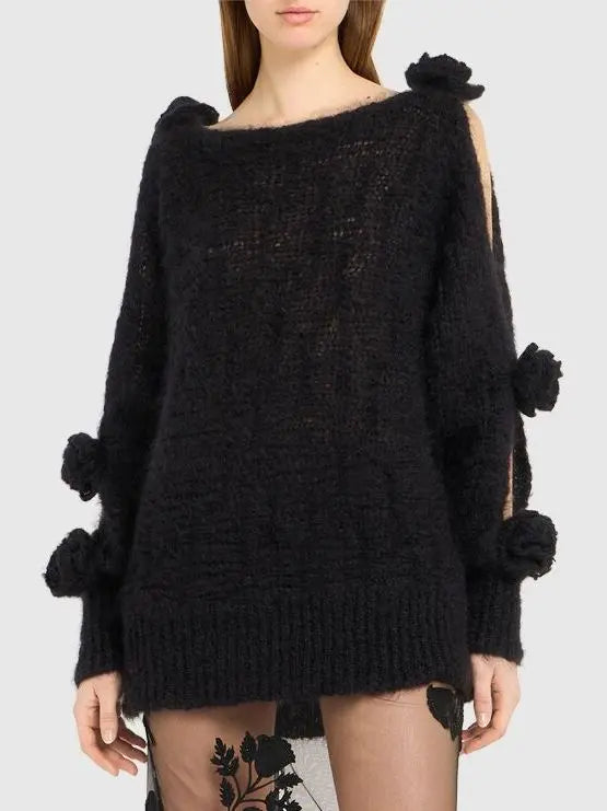 Cut-Out Rose-Applique Mohair-Blend Sweater in Black - Sweaters & Knitwear