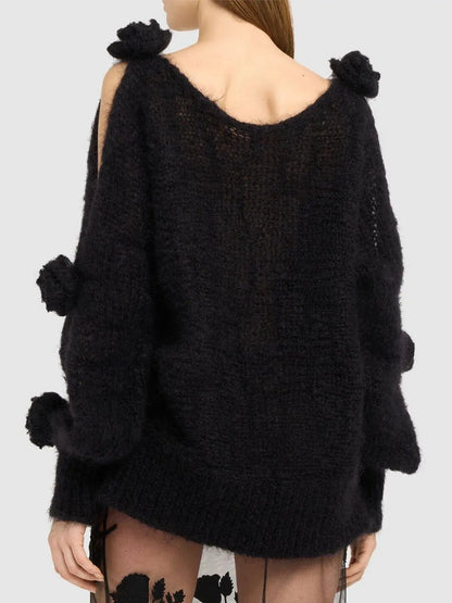 Cut-Out Rose-Applique Mohair-Blend Sweater in Black - Sweaters & Knitwear