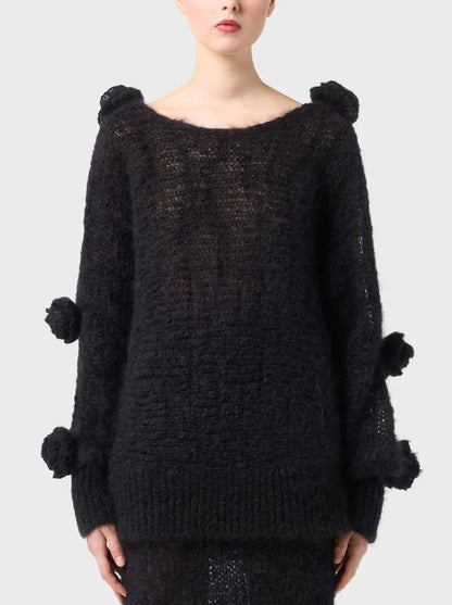 Cut-Out Rose-Applique Mohair-Blend Sweater in Black - Sweaters & Knitwear