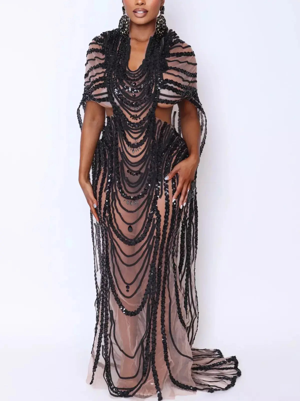 Cut-Out Sequin-Embellished Sheer Mesh Cape Gown in Black - Dresses