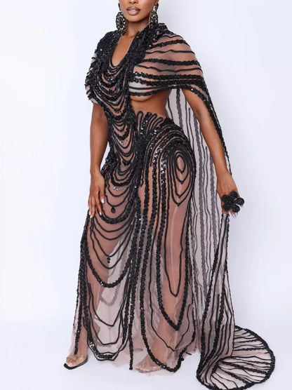 Cut-Out Sequin-Embellished Sheer Mesh Cape Gown in Black - Dresses