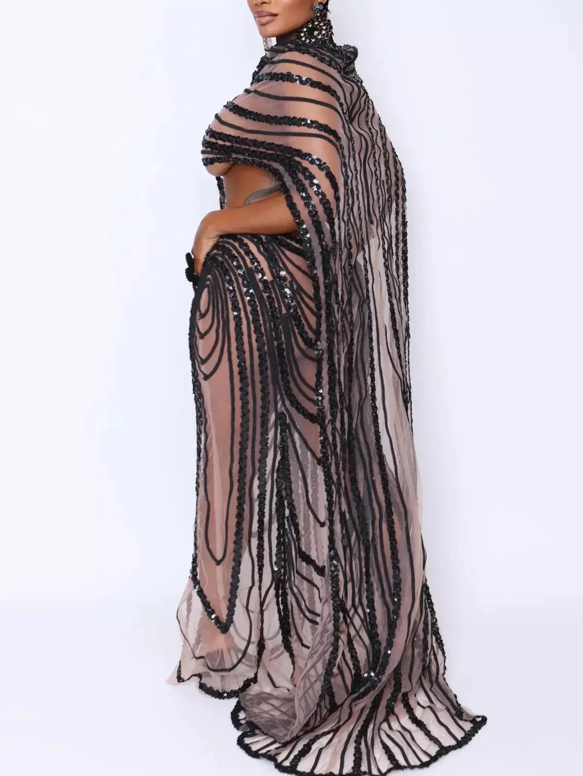 Cut-Out Sequin-Embellished Sheer Mesh Cape Gown in Black - Dresses