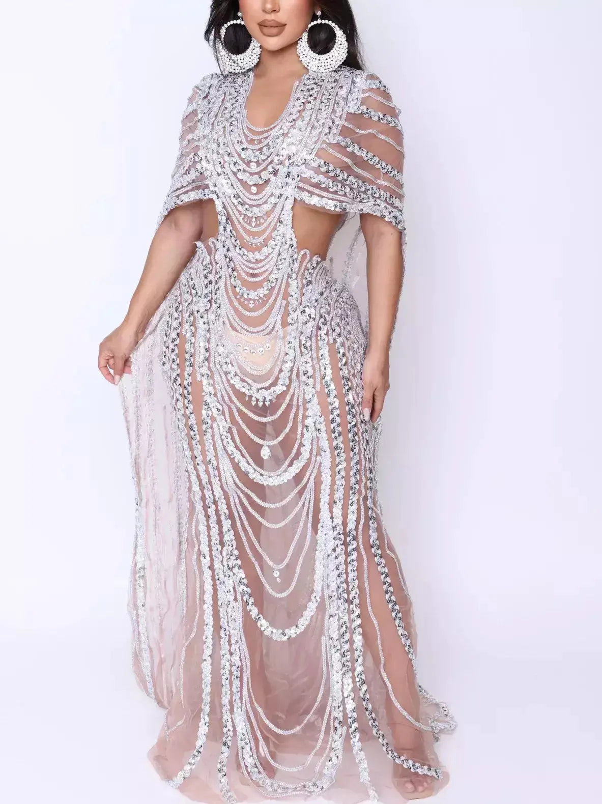 Cut-Out Sequin-Embellished Sheer Mesh Cape Gown in Silver - Dresses