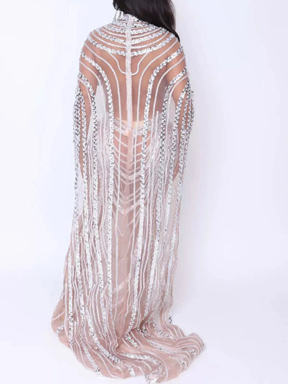 Cut-Out Sequin-Embellished Sheer Mesh Cape Gown in Silver - Dresses