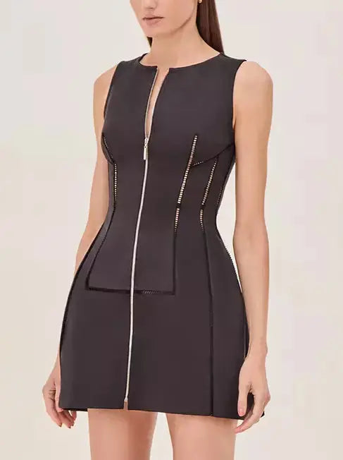 Cut-Out Structured Zip-Front Mini Dress in Black - Dresses