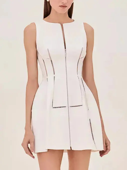 Cut-Out Structured Zip-Front Mini Dress in White - Dresses