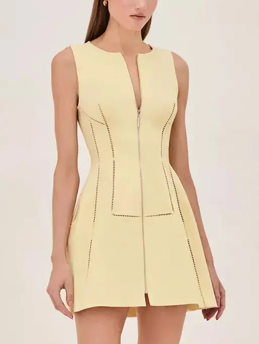 Cut-Out Structured Zip-Front Mini Dress in Yellow - Dresses