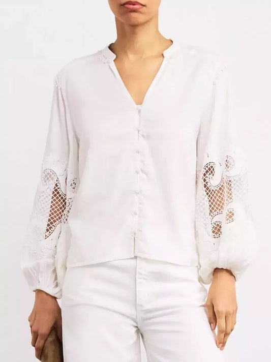 Cut-Out V-Neck White Blouse - Small - Tops