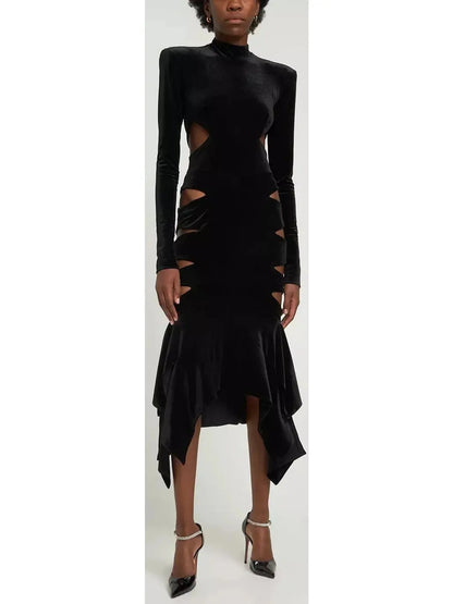 Cut-Out Velvet Mock-Neck Midi Dress - small - Dresses