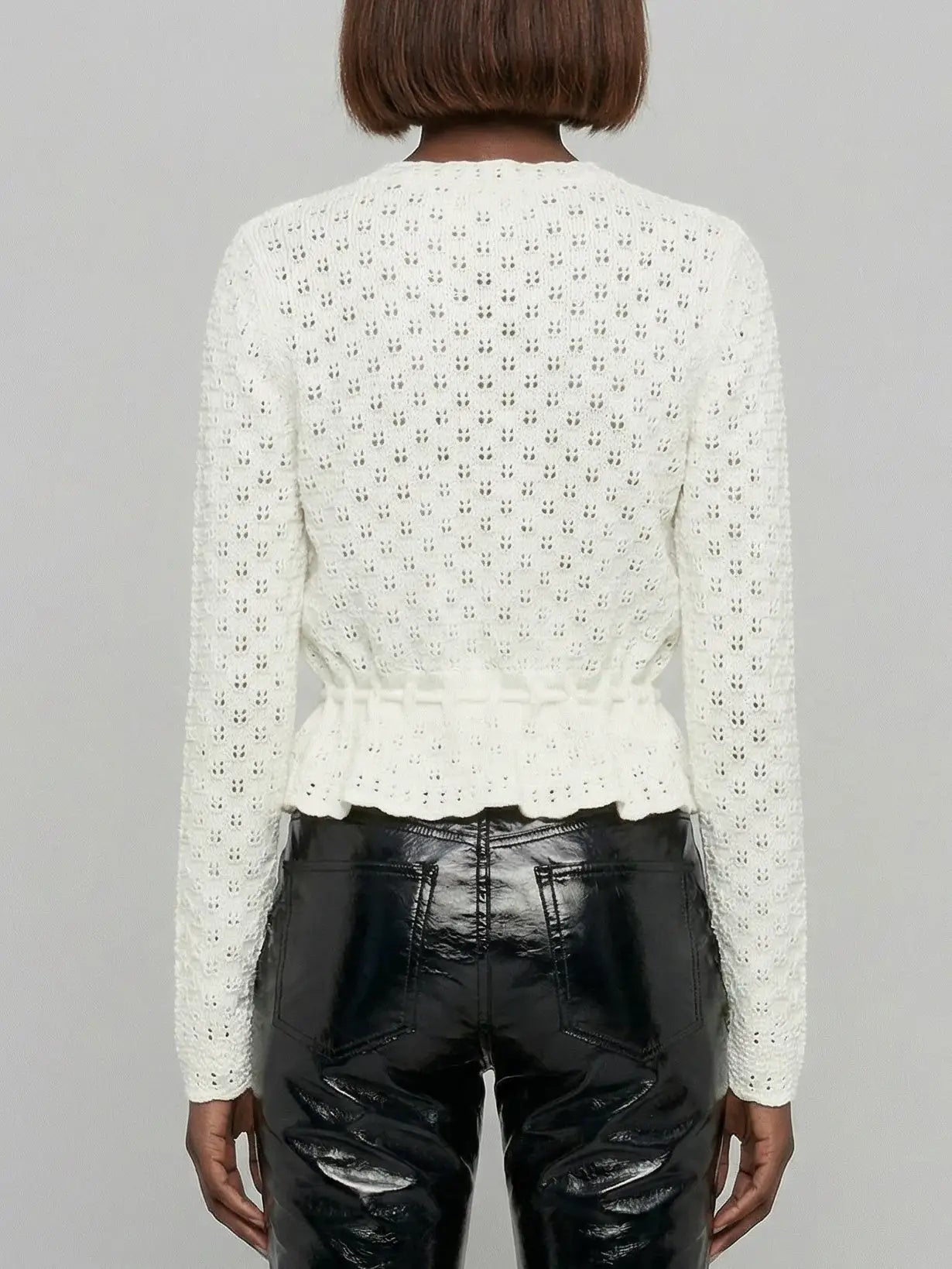 Pointelle Knit Peplum Cardigan Top - Sweaters & Knitwear