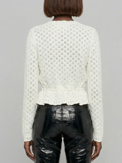 Pointelle Knit Peplum Cardigan Top - Sweaters & Knitwear