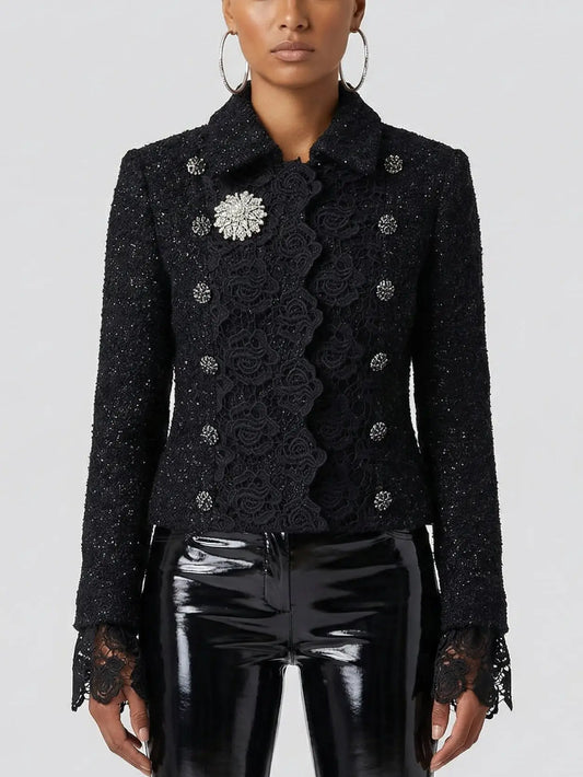 Black Embellished Lace Trim Tweed Jacket - Small - Jackets