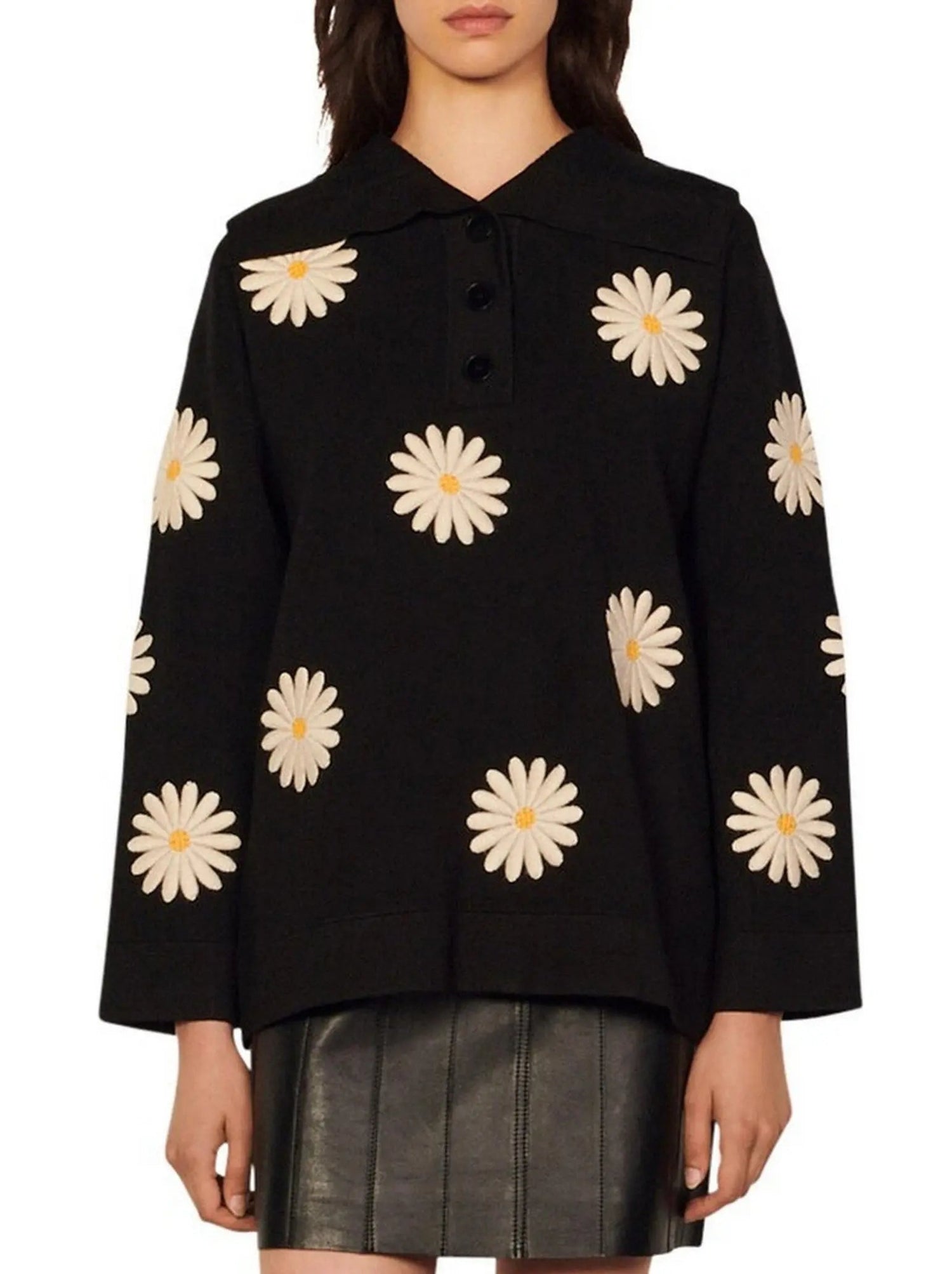 Daisy-Embroidered Polo Sailor Sweater - Sweaters & Knitwear