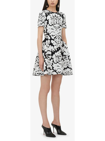 Damask Jacquard Mini Dress in Black and White - Dresses