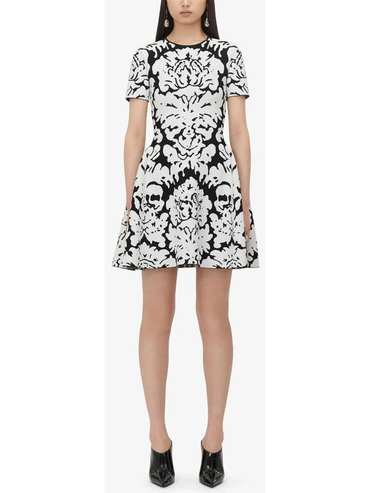 Damask Jacquard Mini Dress in Black and White - Dresses