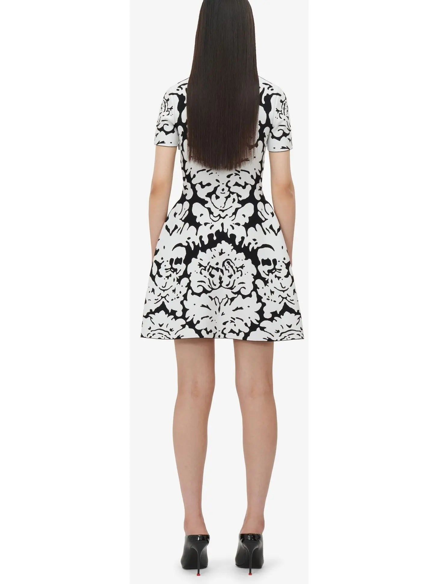 Damask Jacquard Mini Dress in Black and White - Dresses