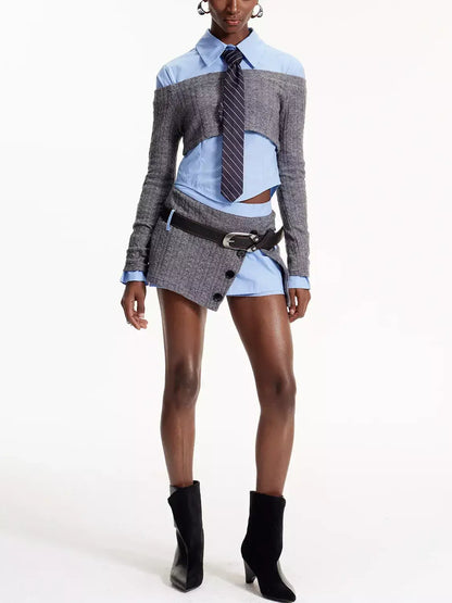 Deconstructed Knit Shirt and Mini Skirt Set with Tie - Suits & Sets