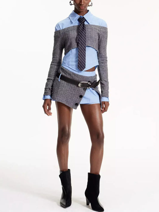 Deconstructed Knit Shirt and Mini Skirt Set with Tie - Suits & Sets