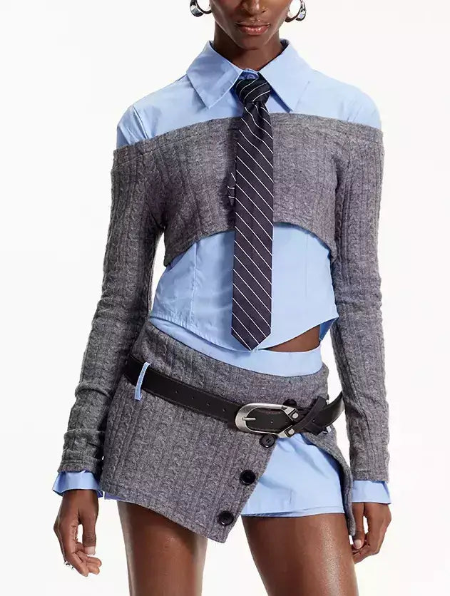 Deconstructed Knit Shirt and Mini Skirt Set with Tie - Small - Suits & Sets