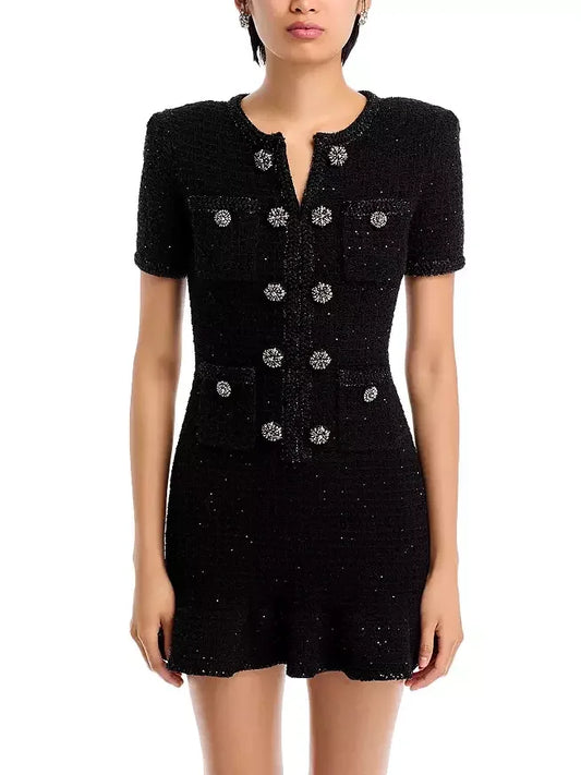 Decorative-Button-Embellished Black Tweed Mini Dress - Dresses