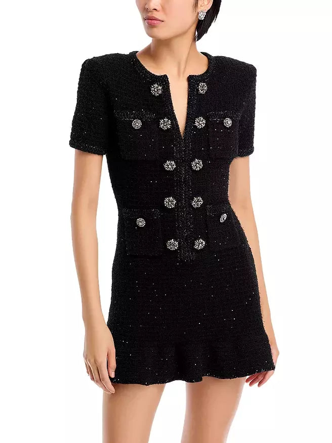 Decorative-Button-Embellished Black Tweed Mini Dress - Dresses