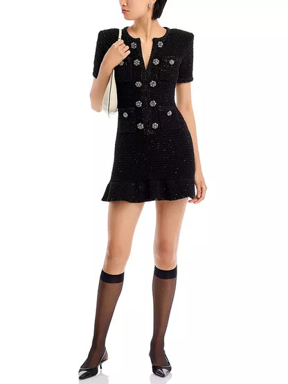 Decorative-Button-Embellished Black Tweed Mini Dress - Dresses