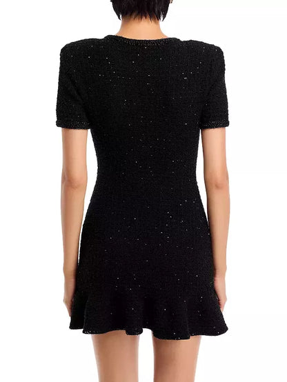 Decorative-Button-Embellished Black Tweed Mini Dress - Dresses