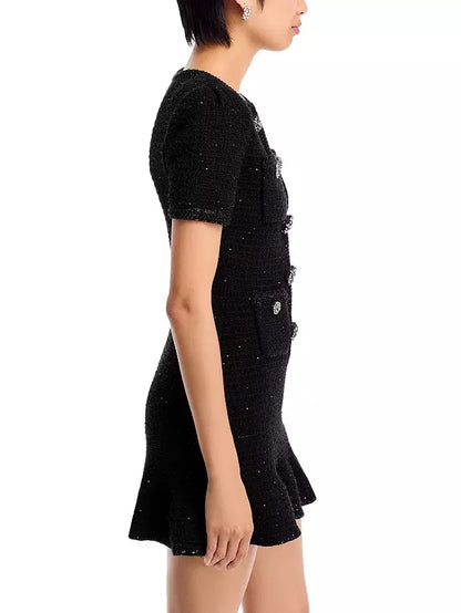 Decorative-Button-Embellished Black Tweed Mini Dress - Dresses