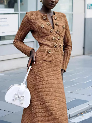 Decorative-Button-Embellished Brown Knit Midi Dress - Dresses