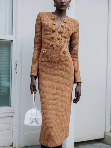 Decorative-Button-Embellished Brown Knit Midi Dress - Dresses