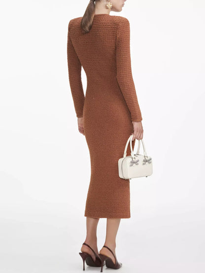 Decorative-Button-Embellished Brown Knit Midi Dress - Dresses